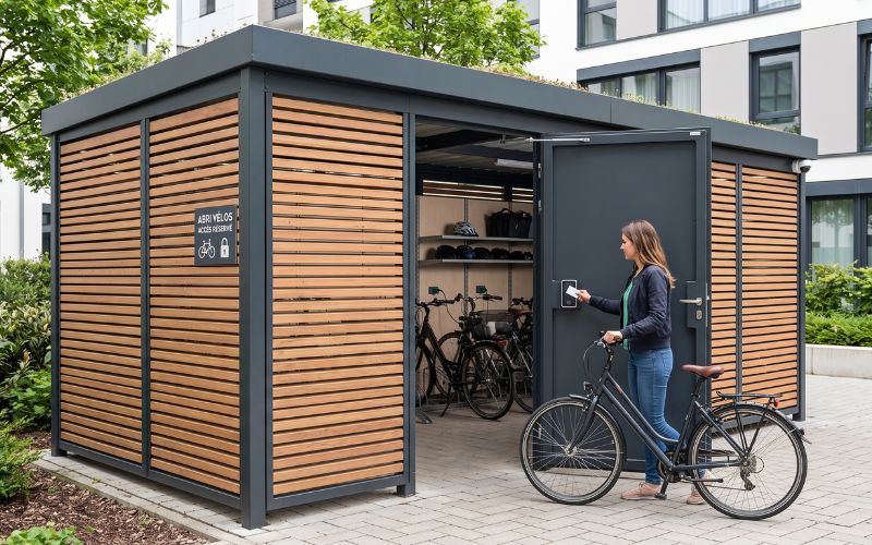 Un grand abri vélo sécurisé et entièrement clos, fait d'acier gris et de lattes de bois naturelles avec un toit végétalisé, installé au pied d'un immeuble résidentiel moderne. Une femme s'apprête à y entrer avec son vélo de ville en utilisant un badge d'accès sur la porte métallique. À l'intérieur de cet abri collectif, on distingue de nombreux vélos stationnés et des étagères de rangement. Une signalétique « Abri vélos - Accès réservé » est visible sur la façade.