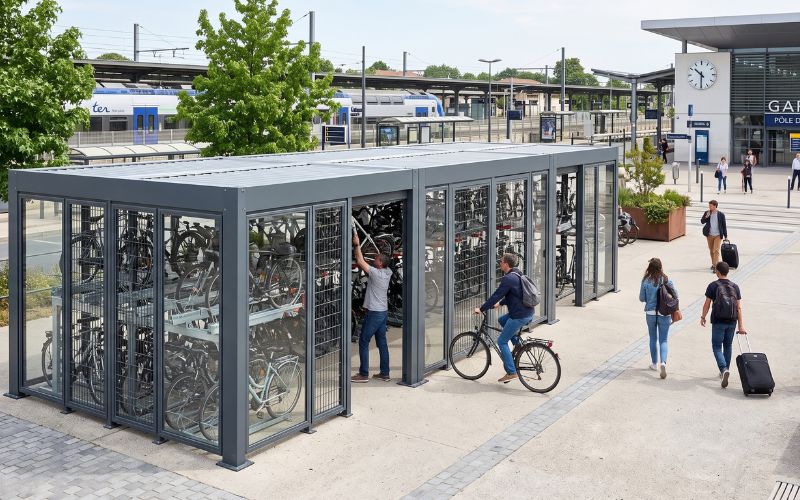 Un vaste abri vélo modulaire et sécurisé de grande capacité, en aluminium gris et parois grillagées, installé sur le parvis pavé d'une gare ferroviaire en France (marquée « GARE PÔLE D'ÉCHANGES »). À l'intérieur de la structure fermée, de nombreux vélos sont stationnés de manière dense sur des racks métalliques à double étage, avec un usager s'activant au niveau supérieur. À l'extérieur, un homme pousse son vélo et des voyageurs marchent sur le parvis, avec des trains TER et des quais visibles en arrière-plan.