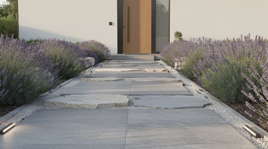 Une allée contemporaine en dalles de grès cérame gris et en pas japonais en pierre naturelle mène à une porte d'entrée, entourée de bordures plantées de lavande, créant un aménagement extérieur harmonieux devant la maison. Ce jardin bien décoré invite à la découverte et à la détente.