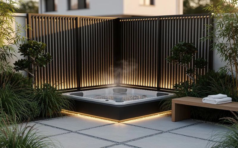 Un coin spa intimiste est aménagé dans un jardin contemporain, entouré de claustras en aluminium et de végétation luxuriante, créant ainsi un espace détente propice au bien-être. Ce lieu cosy, avec un jacuzzi extérieur, offre une ambiance relaxante pour profiter des bienfaits de l'eau et de la nature.