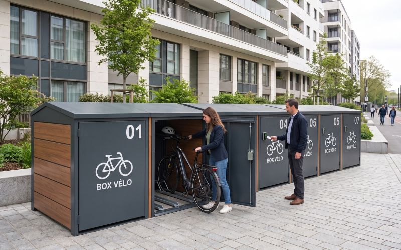 Une rangée de box vélos individuels et sécurisés, en métal et bois avec un toit végétalisé, implantés sur le large trottoir pavé d'une résidence moderne. Sur la gauche, le box « 01 » est fermé. Au centre, une femme installe un vélo électrique noir dans un box ouvert tout en tenant son casque. Sur la droite, à côté de l'homme qui utilise un badge pour ouvrir le box « 04 », s'alignent les box fermés numérotés « 05 », « 06 » et « 07 », affichant chacun un pictogramme de vélo et l'inscription « BOX VÉLO ».