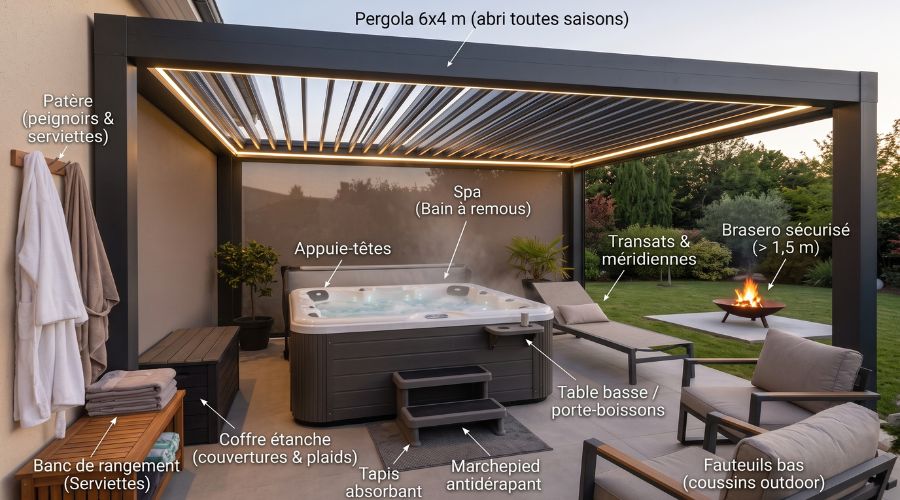 espace de détente spa avec transat, brasero, banc de rangement, fauteuil et peignoir.