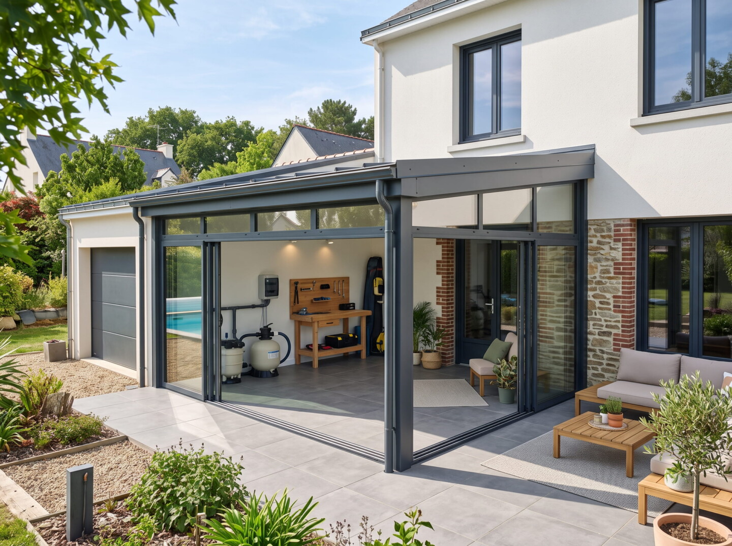 Une vue photographique d'ensemble d'une grande terrasse de maison moderne au coucher du soleil. La scène est divisée en zones : à gauche, un salon extérieur avec un grand canapé d'angle aux coussins gris et terracotta entoure une table basse en bois. Au centre, sous une pergola bioclimatique en aluminium sombre avec des lames orientables et de la vigne grimpante, un coin repas comprend une table en bois dressée et six chaises tressées. Des baies vitrées coulissantes ouvertes relient l'intérieur (cuisine et salon) à l'extérieur. De nombreuses plantes en pots (olivier, lavande, oranger) et des buissons (hortensias) délimitent les espaces.