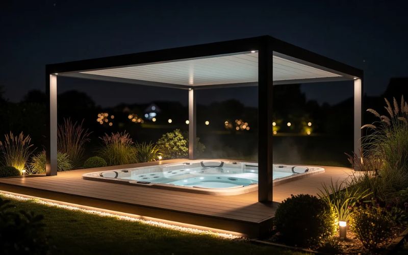 Un spa extérieur, illuminé par des spots LED chauds, se trouve sous une pergola en aluminium dans un jardin nocturne, créant un espace détente cosy et relaxant. L'ambiance est paisible, invitant à la baignade et au bien-être dans ce coin spa haut de gamme.